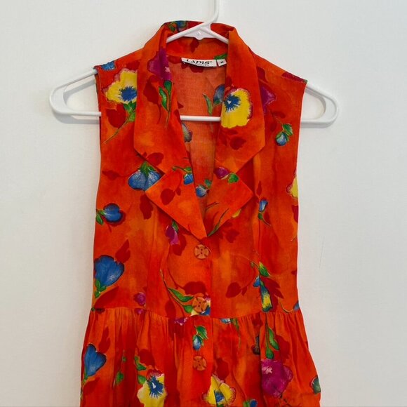 VINTAGE VTG LAPIS LOS ANGELES Orange Floral Button Sleeveless Fit & Flare Dress - Picture 2 of 10